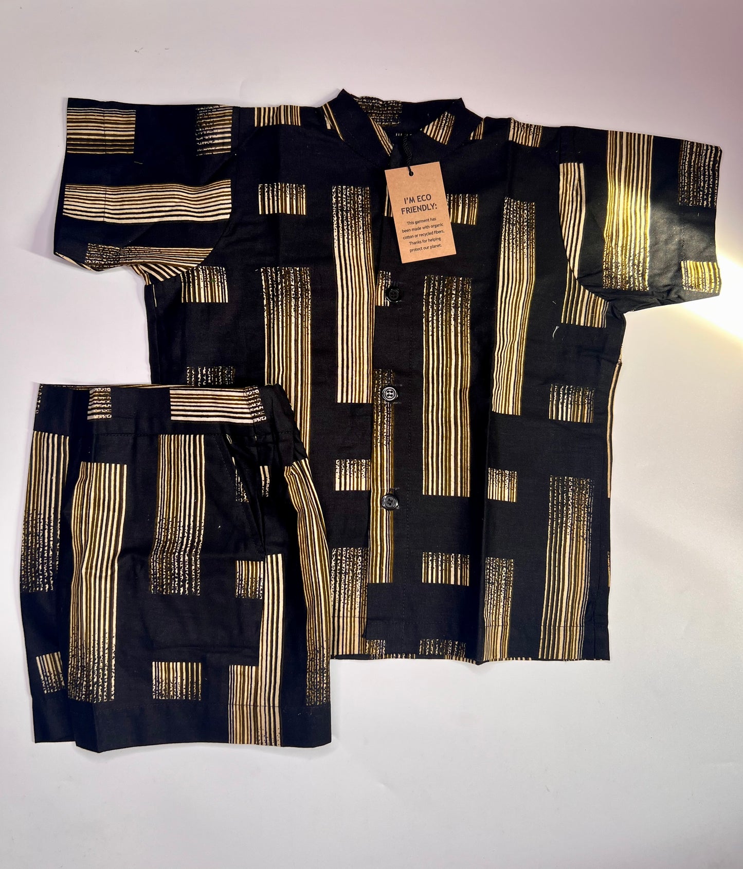 African Print Boys Shirt and short Set Black