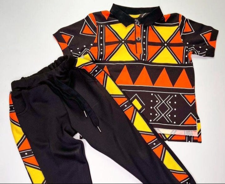 African Print Boys Polo Joggers set Tribal