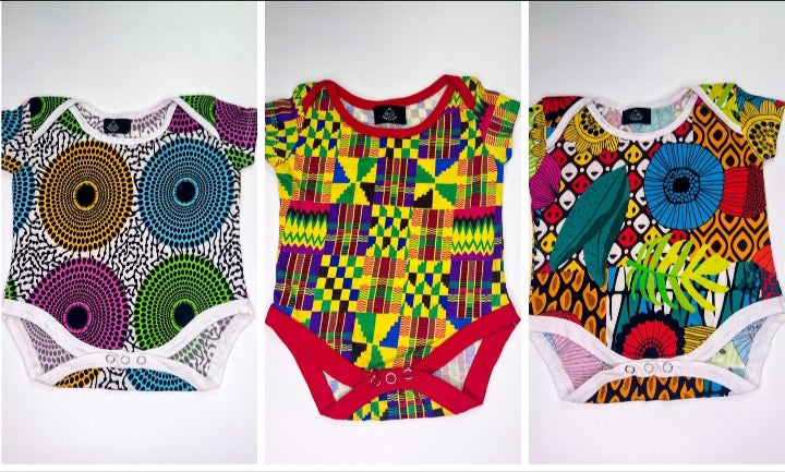 African Print Pack of 3 Unisex Ankara Baby Onesies